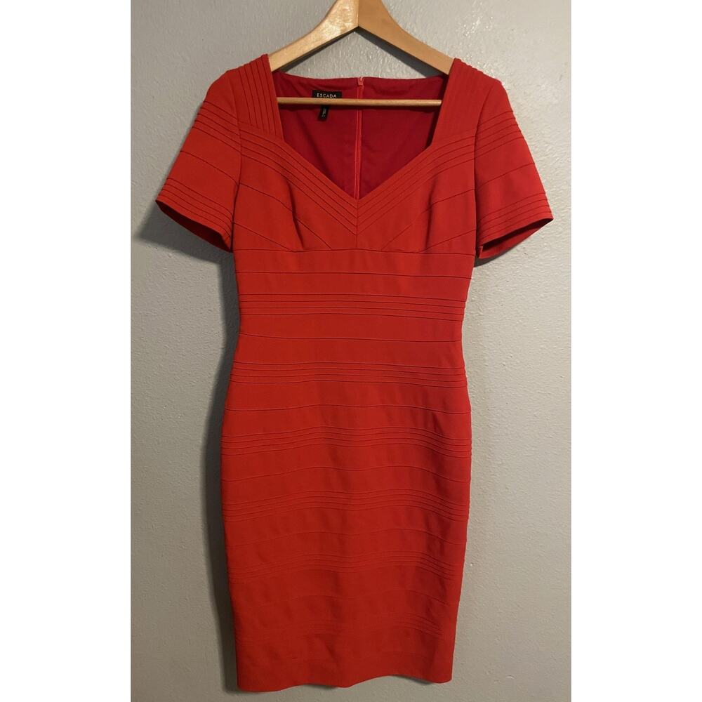 Escada Womens Dayana Dress Size 36 Red V Neck Short Sleeve Lined Knee Length